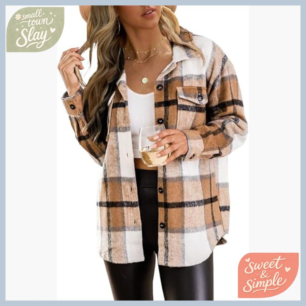 Long Sleeve Button Down Shacket Plaid Jacket Loos… - image 1